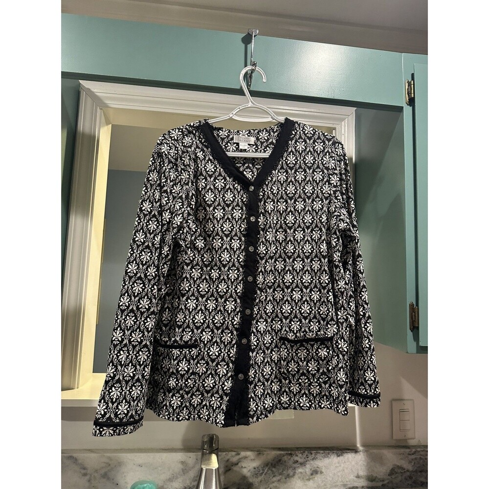Celestial Dreams Pajama Top Women's L Large Black White Floral Long Sleeve Sleep